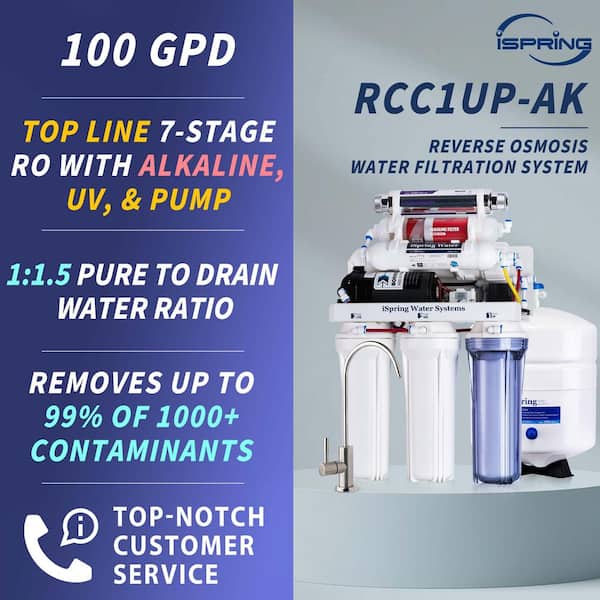 7-Stage 100 GPD Under-Sink Reverse Osmosis Drinking Water Filtration System  with Booster Pump, Alkaline Filter and UV