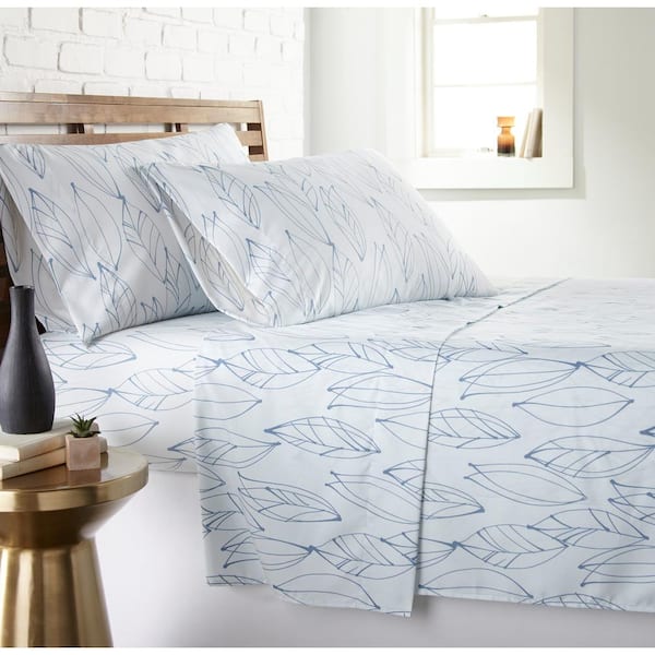 Southshore Fine Linens Modern Foliage 4-Piece Blue Leaf On White Double Brushed Microfiber Queen Sheet Set