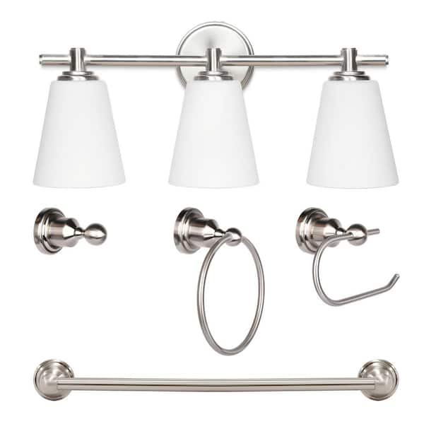 Lecoht 20.2 in. 3-Light Brushed Nickel Mirror Vanity Light with Bathroom Set (5-Piece)