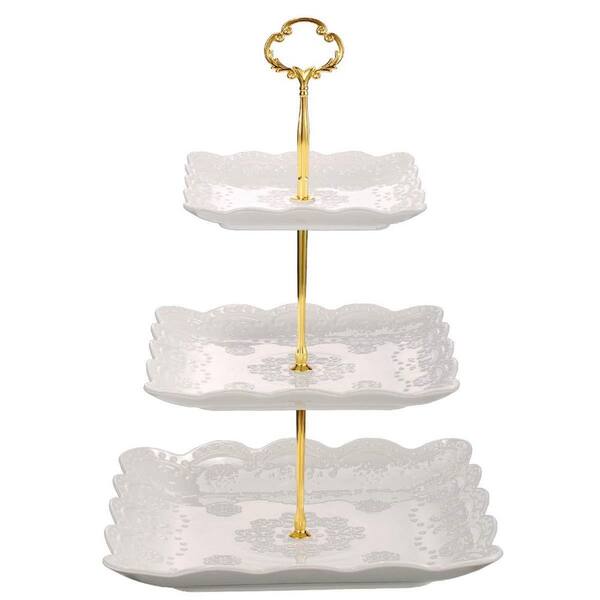 10 in. 3-Tier A-White Ceramic Cake Stand with Relief Patterns, Square Food-Grade Serving Platter for Cupcakes, Desserts
