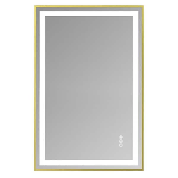 24 in. W x 36 in. H Rectangular Gold Framed Bathroom Vanity Mirror with Dual LED Light Strips Front and Back Lighting