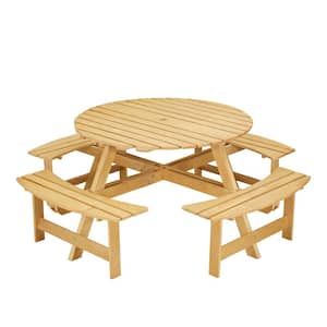 70.08 in. Natural Brown Round Wood and Metal Picnic Table Seats 8-People with 4-Built-in Benches, Umbrella Hole