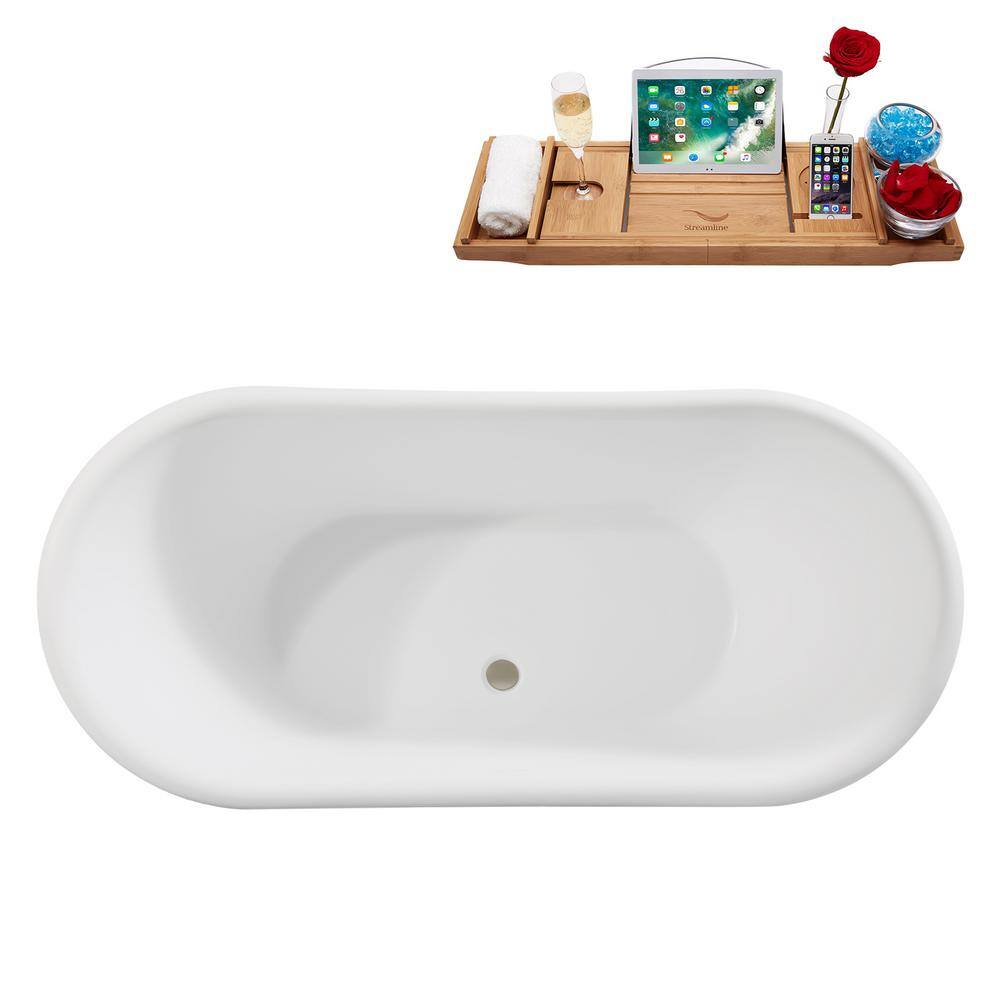 67" Matte White Acrylic Freestanding Soaking Tub with Brushed Nickel Trim