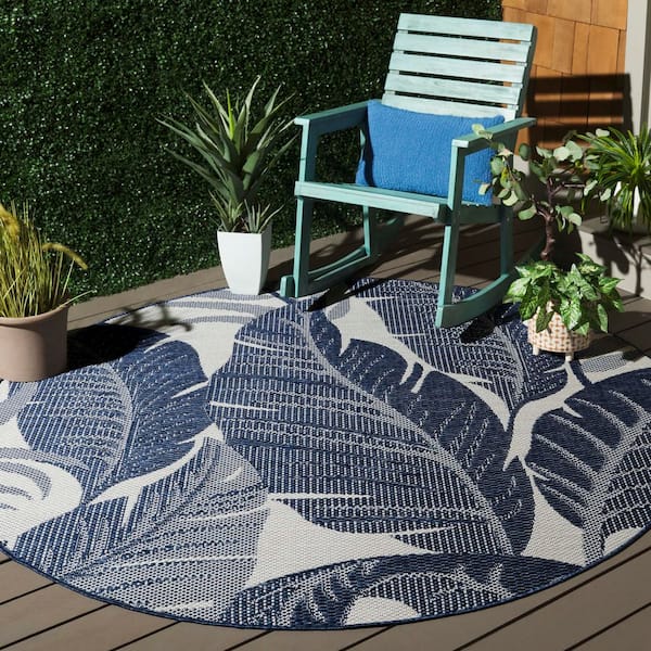 Beach House Navy/Ivory 7 ft. x 7 ft. Oversized Botanical Indoor/Outdoor Round Area Rug