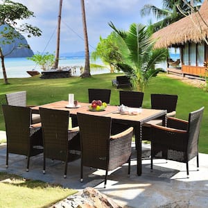 9-Piece Wicker Outdoor Dining Set Acacia Wood Table Top Umbrella Hole Chairs with Beige Cushions