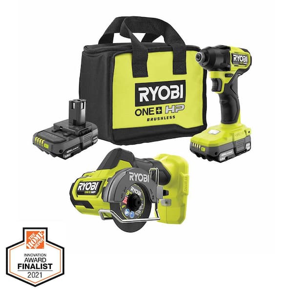 RYOBI ONE+ HP 18V Brushless Cordless Compact 1/4 in. Impact Driver and Cut-Off Tool, (2) 1.5 Ah Batteries, Charger, and Bag
