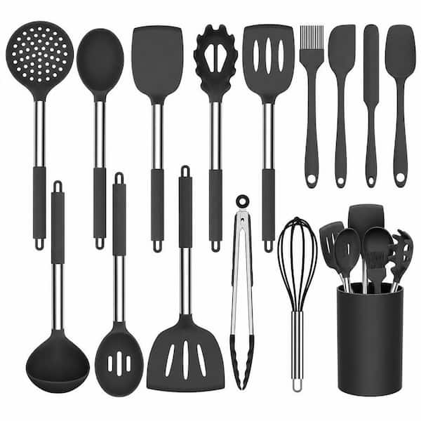 15 Piece Black Silicone Cooking Kitchen Utensil Set Non-stick Kitchen Cookware with Stainless Steel Handle