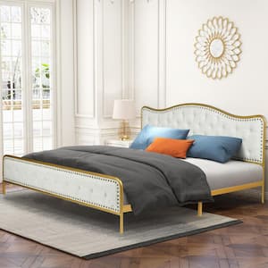 MERLE Beige Fabric Luxury Tufted Upholstered Metal Frame King Size Platform Bed Frame with Box Spring Not Required