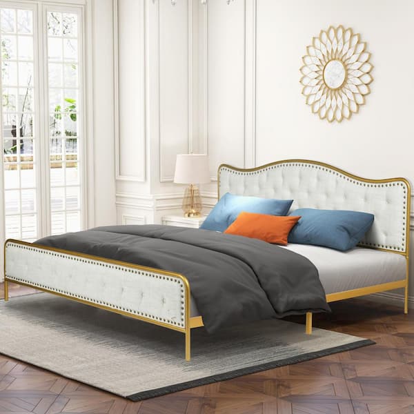 Homy Casa MERLE Beige Fabric Luxury Tufted Upholstered Metal Frame King Size Platform Bed Frame with Box Spring Not Required