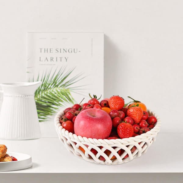 ★Vtg★Fruit Bowl Ceramic Fruit white Bowl for Kitchen Counter, 9.7 in Decorative