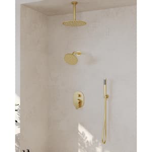3-Spray Patterns 10, 6 in. Single Handle Ceiling, Wall Mount Fixed Shower Head Dual Shower Head in Brushed Gold