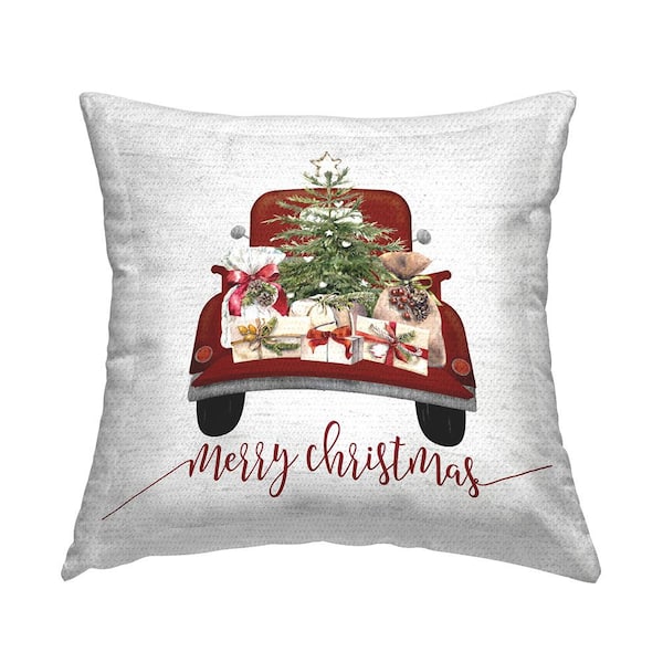 Merry Christmas Tree Truck Red Square Outdoor Throw Pillow
