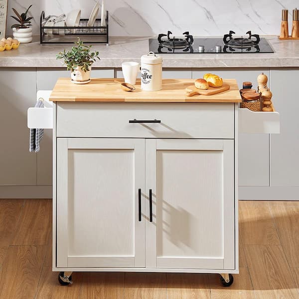 Kitchen Island Cart Natural Wood Top 35.4 in. W Mobile Carts with Storage Cabinet Rolling Kitchen Carts White