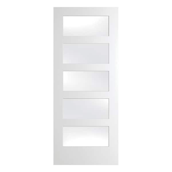 Builders Choice 42 in. x 84 in. 5-Lite Etched Satin Glass Square Sticking Primed Interior Wood Barn Door Slab
