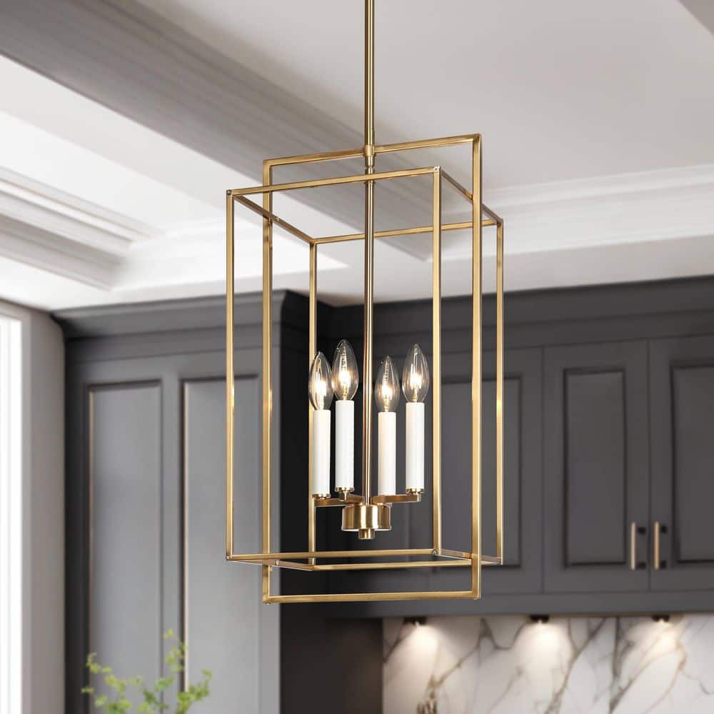 Transitional 4-Light Plated Brass and White Candlestick Chandelier with Geometric Cage for Living Space price history on PriceWatchPro