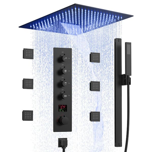 EVERSTEIN 15 in. LED 15-Spray Dual Ceiling Mount Fixed and Handheld Shower Head with Digital Display 2.5 GPM in Matte Black