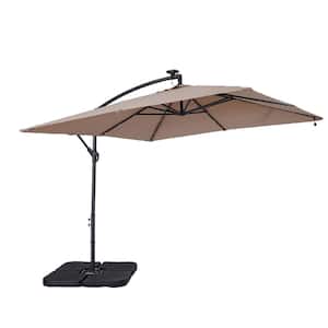 8.2 ft. Tan Steel Solar LED Square Banana Umbrella Cantilever Umbrella with Base