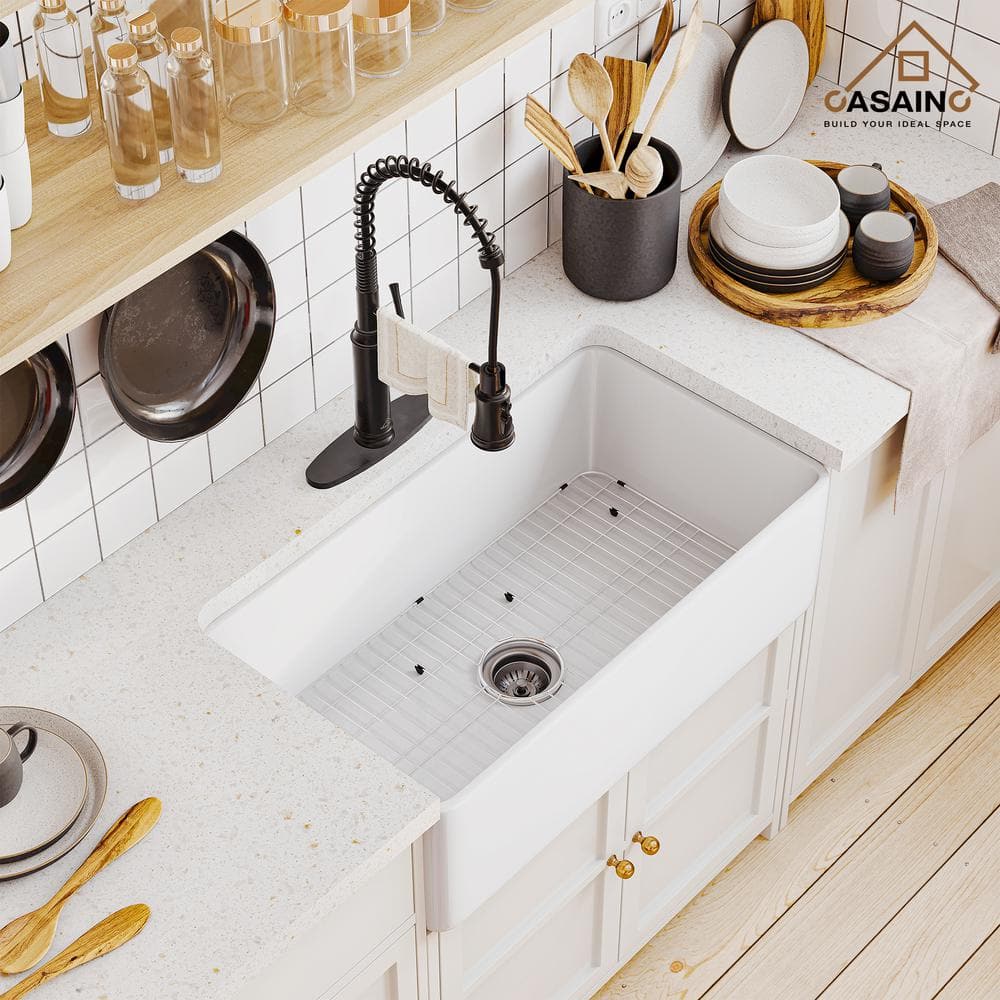 Glossy White Fireclay Single Bowl Farmhouse Kitchen Sink with Accessories