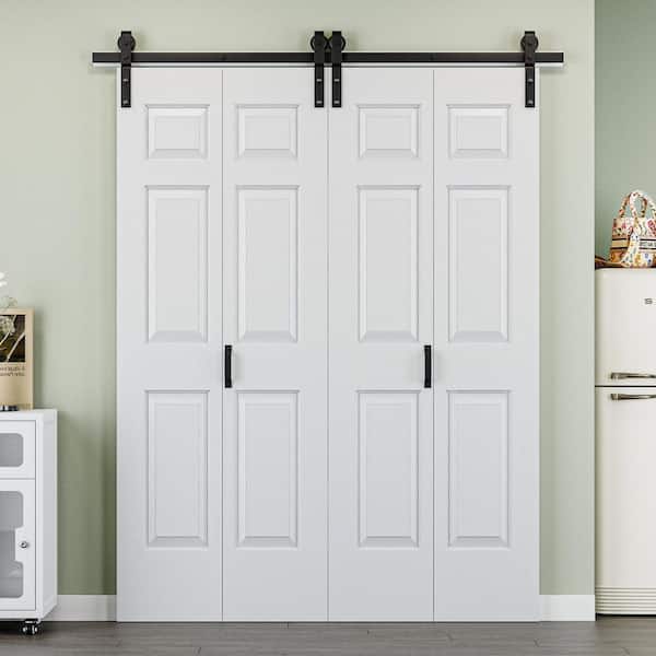 64 in. x 84 in. Paneled 6-Lite White Primed MDF Composite Bi-fold Sliding Barn Door with Hardware Kit and Handle