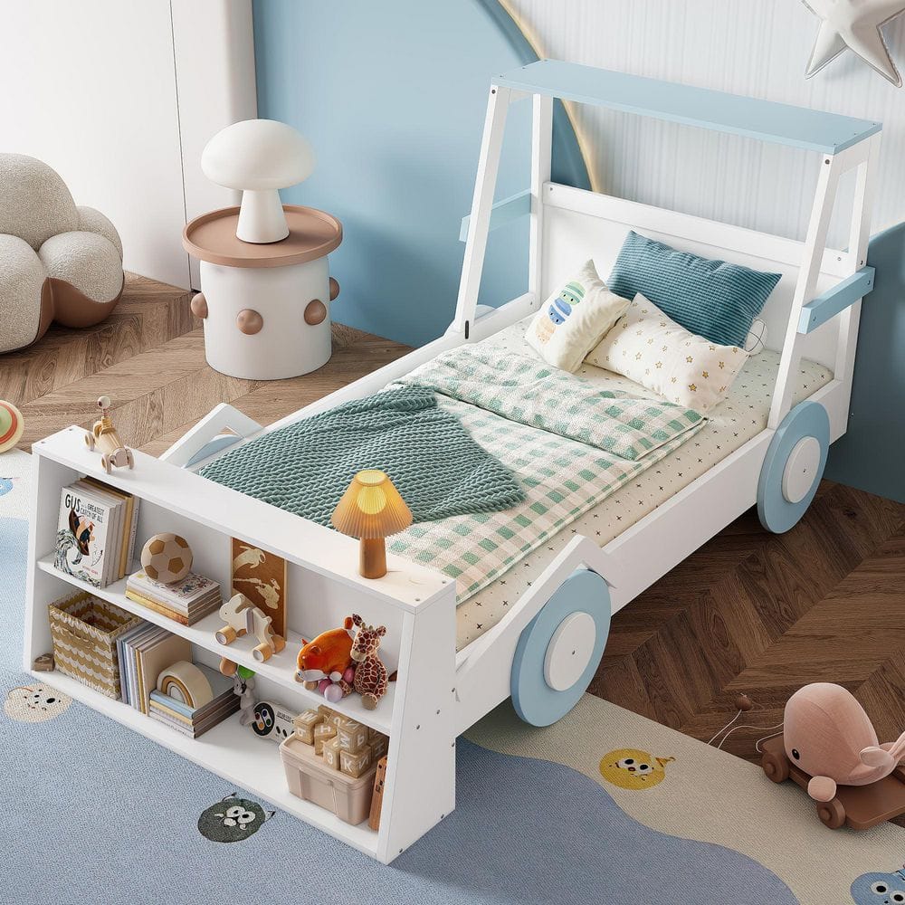 White/Blue Wood Frame Twin Size Platform Bed with Storage Shelves,cute Car-shape price history on PriceWatchPro