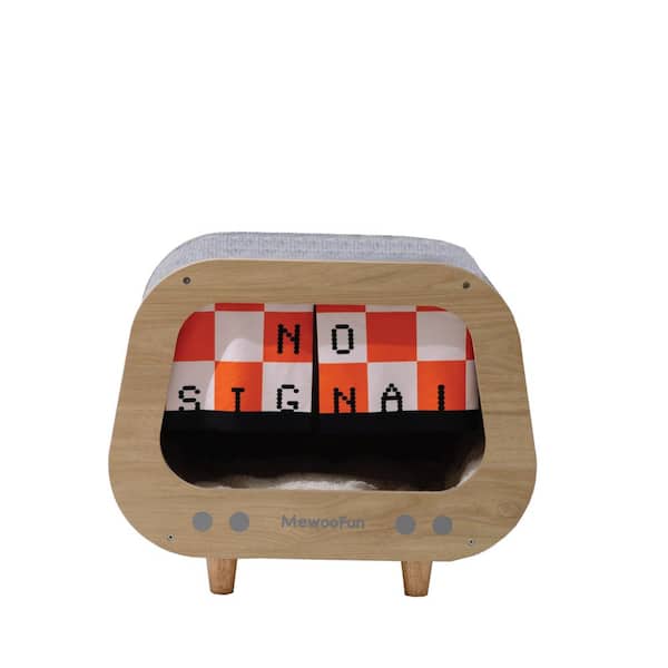Foobrues Classic Wooden TV-Shaped Cat Bed, Cat House with Cushion in White for Small Cat