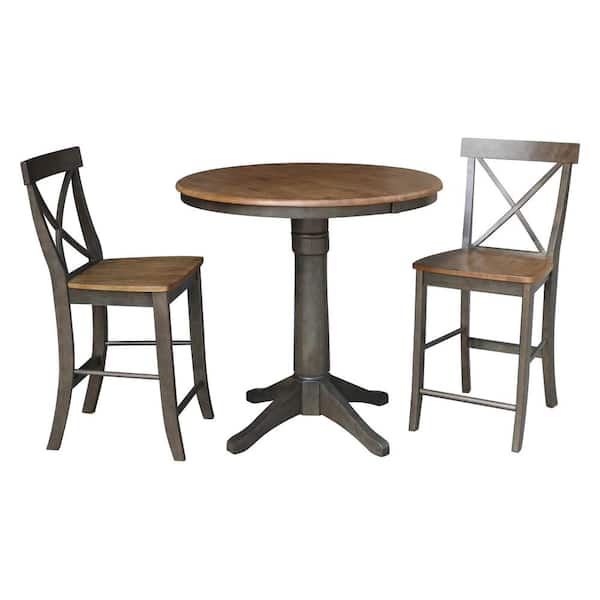 International Concepts Olivia 3-Piece 36 in. Hickory/Coal Extendable Solid Wood Counter Height Dining Set with Alexa Stools