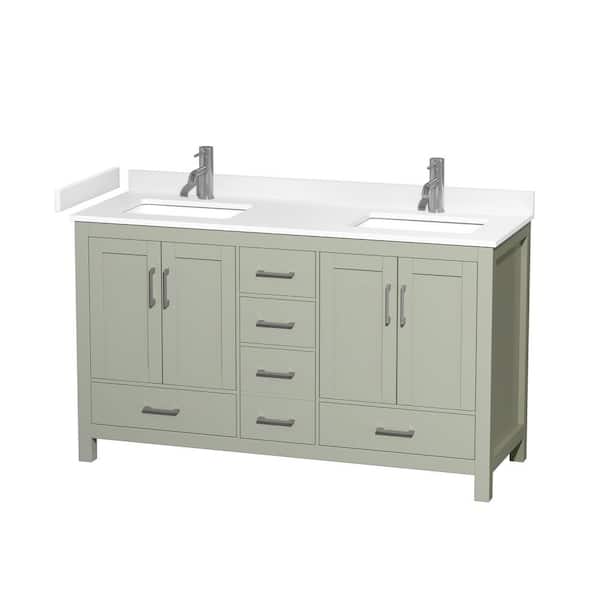 Wyndham Collection Sheffield 60 in. W x 22 in. D x 35 in . H Double Bath Vanity in Light Green with White Cultured Marble Top