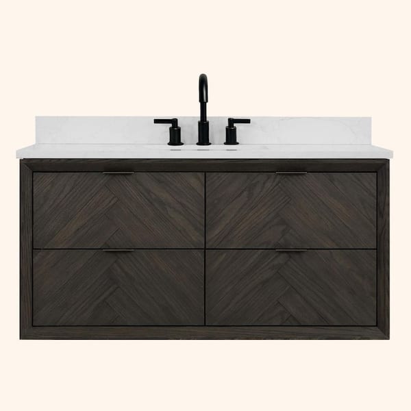 Solid Wood Contemporary 48 in. Wall Mount Brown Oak Bath Vanity with White Artificial Stone Top Assembled