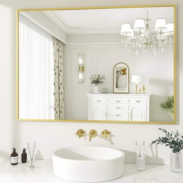 HOMLUX 26 in. W x 38 in. H Rectangle Framed Wall Bathroom Vanity Mirror in Gold Decorative Modern Rust-Resistant