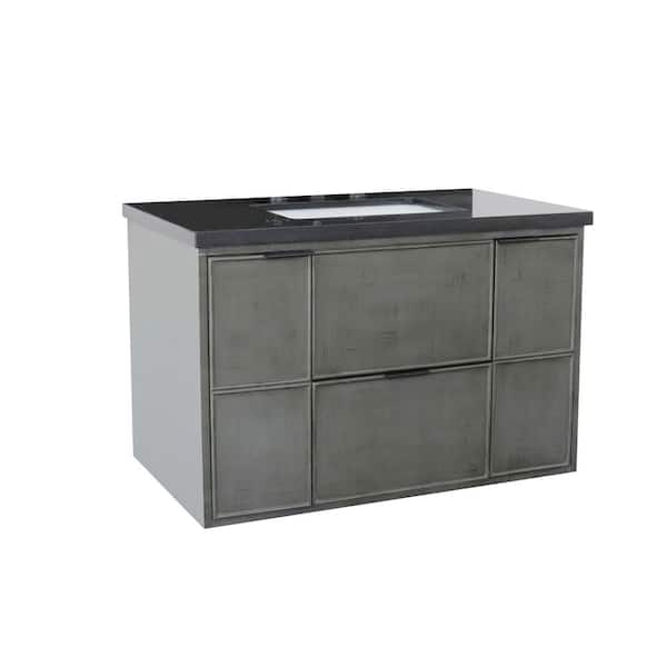 Bellaterra Home Scandi II 37 in. W x 22 in. D Wall Mount Bath Vanity in Gray with Granite Vanity Top in Black with White Rectangle Basin