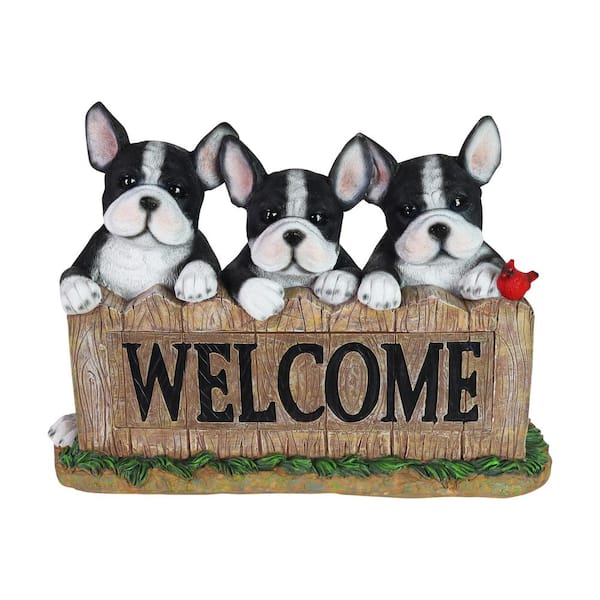 Exhart 8.5 in. Tall Solar Boston Terrier Welcome Sign Garden Statue