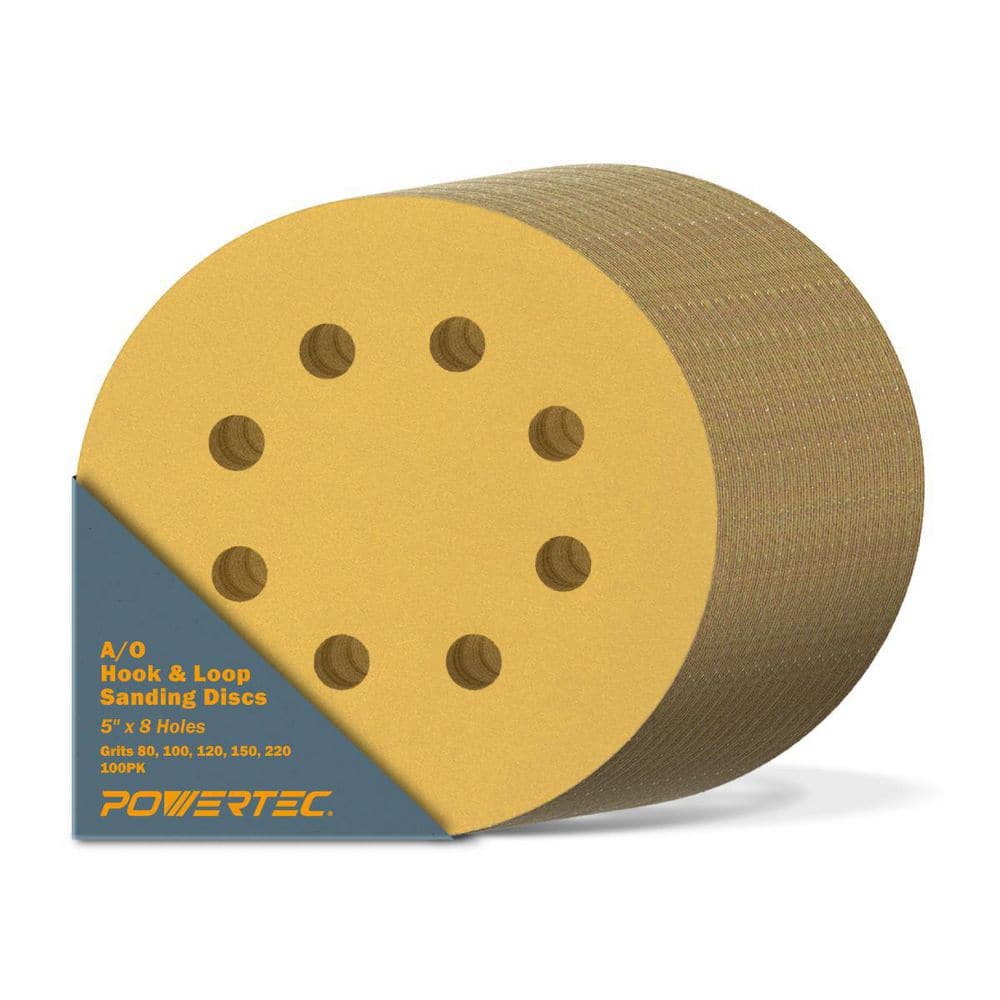 POWERTEC 5 in. A/O Hook and Loop 8-Hole Sanding Disc Assortment Grits in  Gold (100-Pack) 44001XG-100 - The Home Depot