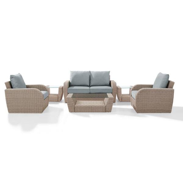 Crosley St Augustine 6-Piece Wicker Patio Outdoor Seating Set with Mist Cushion Loveseat, 2-Chairs, 2 Side Tables, Coffee Table