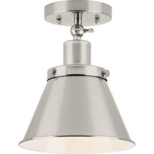 Hinton Collection 1-Light Brushed Nickel Clear Seeded Glass Vintage Flush Mount Ceiling Light