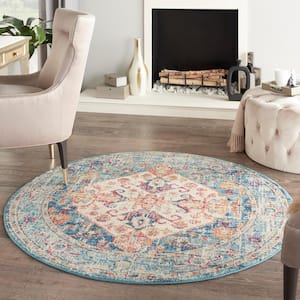 Passion Ivory/Light Blue 4 ft. x 4 ft. Persian Medallion Transitional Round Area Rug