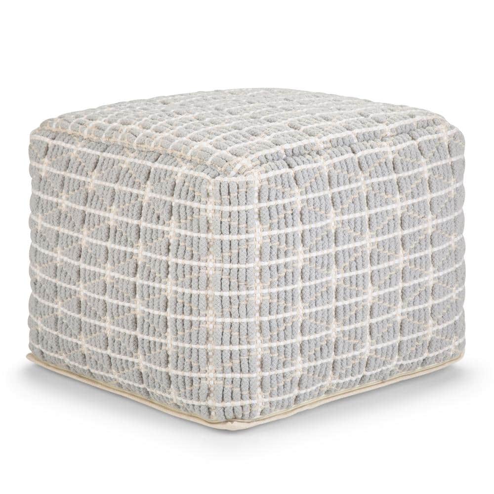Noreen Light Blue and White Handloom Woven Square Pouf