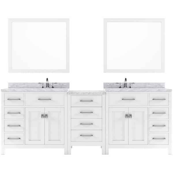 Virtu USA Caroline Parkway 93 in. W x 22 in. D x 35 in. H Double Sink Bath Vanity in White with Marble Top and Mirror