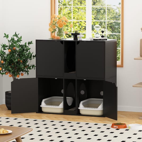 FUFU&GAGA Cat Litter Box Enclosure for 2 Cats, Modern Wood Stackable Large Cat Washroom Cabinet Bench End Table Furniture, Black