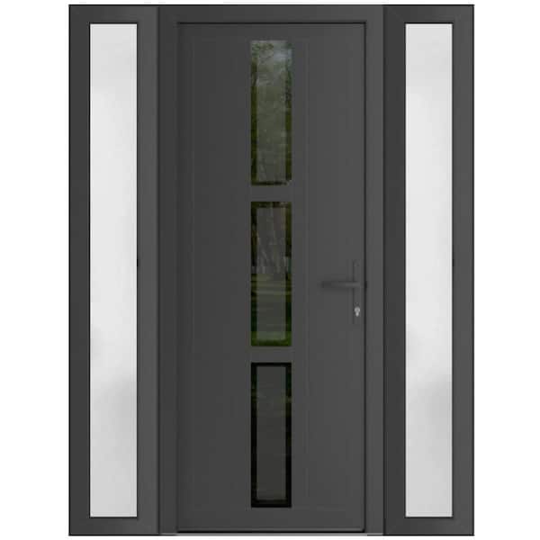 64 in. x 80 in. Left-hand/Inswing Frosted Glass Antracite Grey Steel Prehung Front Door with Hardware