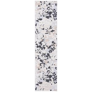 Cabana Ivory/Charcoal 2 ft. x 11 ft. Floral Striped Indoor/Outdoor Patio  Runner Rug