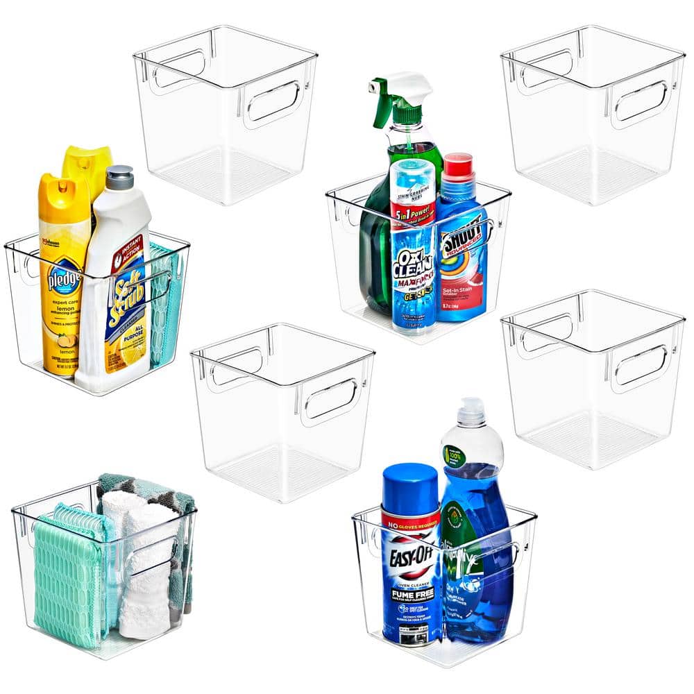 8 Pack Small Clear Plastic Storage Bins with Handles, Under Sink Organizers