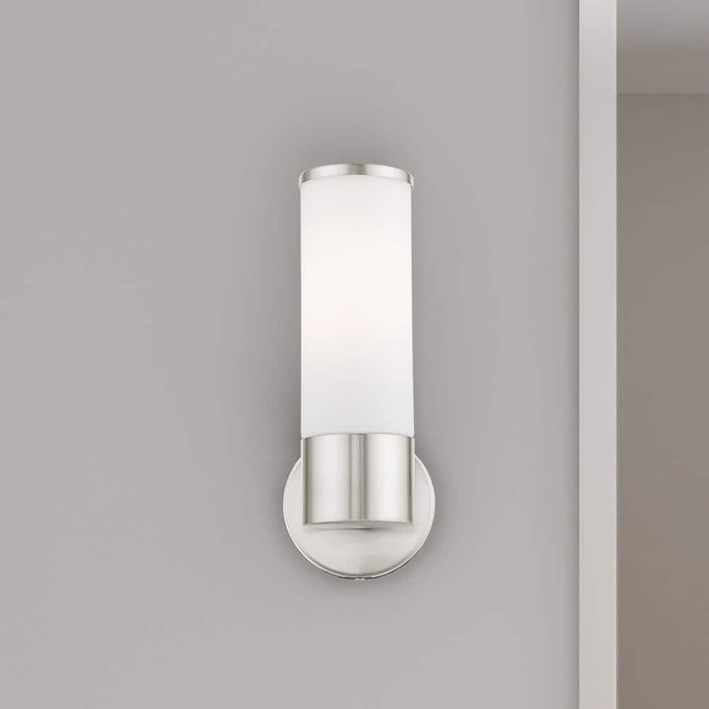 Sleek Urban Brushed Nickel 1-Light Sconce with Satin Opal White Glass