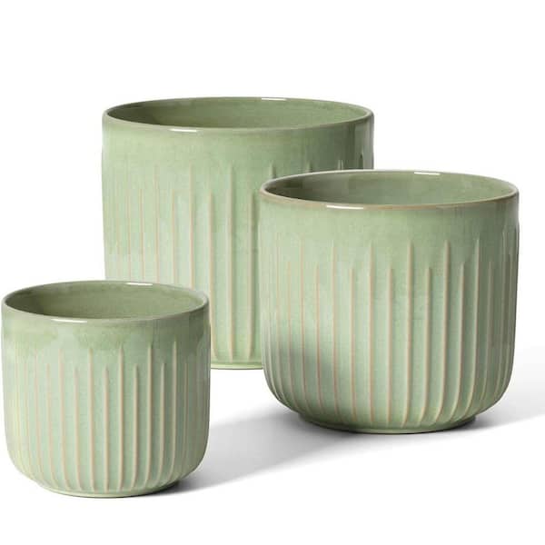 Fluted Ceramic Planters 3-Pack (Sage Green Reactive, 8.3/7/5.7 in.) - Glossy Stoneware, with Drainage Plug and Mesh