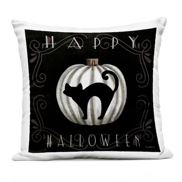 Happy Halloween Cat & Pumpkin Black Square Outdoor Throw Pillow