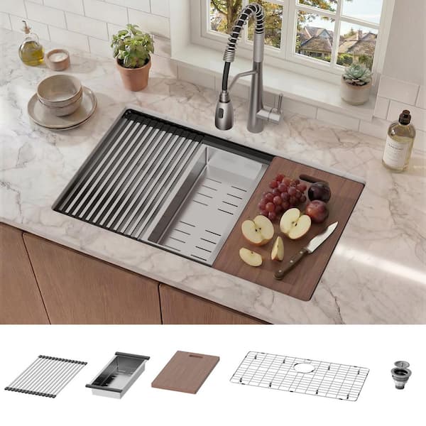 30 in. Undermount Single Bowl 16-Gauge Brushed Stainless Steel Kitchen Workstation Sink with Accessories