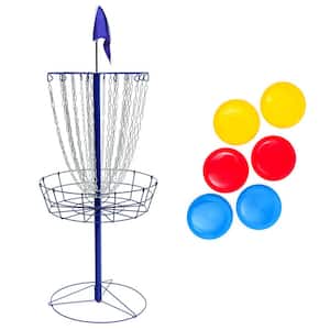 Disc Golf Frisbee Outdoor Game Set with Portable Blue Metal Basket Goal and Flag (6 Disc Set)