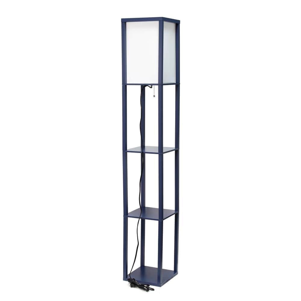 Navy Linen-Shade Floor Lamp with Organizing Storage Shelf