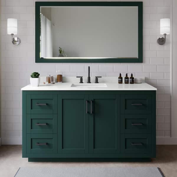 Wyndham Collection Miranda 66 in. W x 22 in. D x 33.75 in. H Single Bath Vanity in Green with White Quartz Top and 58 in. Mirror