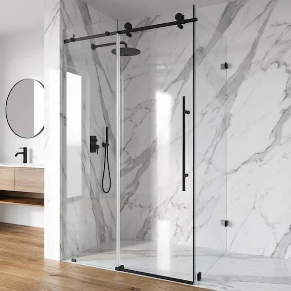 Elan E-Class 35 in. L x 46 in. W x 76 in. H Frameless Sliding Shower Enclosure in Matte Black with Clear Glass