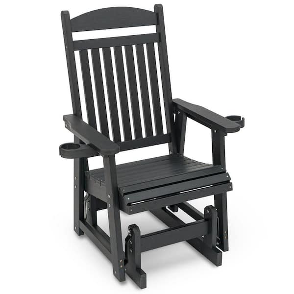 Poly Lumber Plastic Outdoor Glider with Cup Holders, High Backrest and Deep Contoured Seat, Heavy Duty 700 lbs., Black